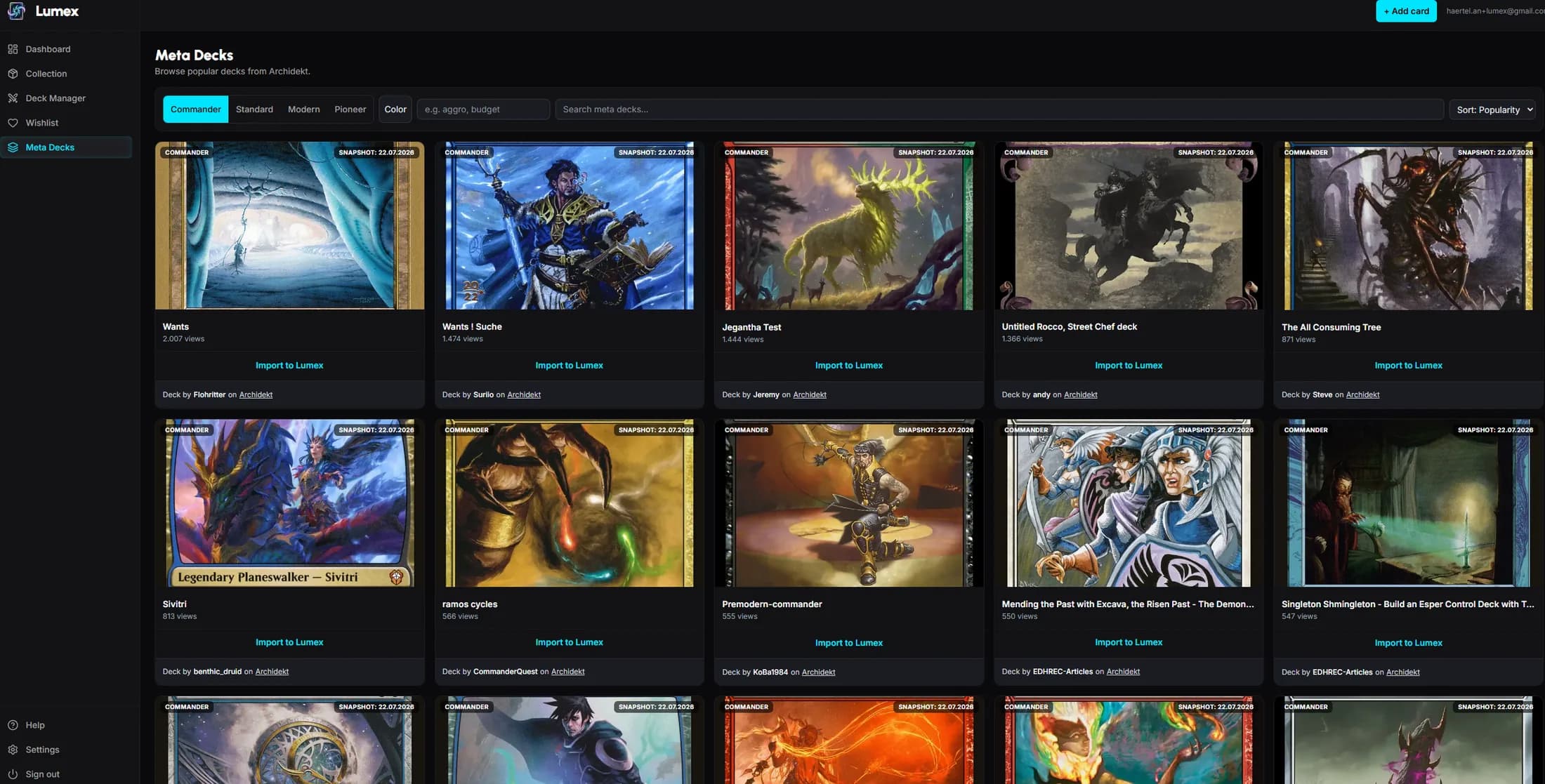 Lumex Web – meta decks page with Archidekt integration, format/color filters, and “Import to Lumex” buttons