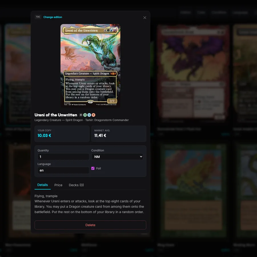Lumex Web – card detail modal for Ureni of the Unwritten with its own price and market average