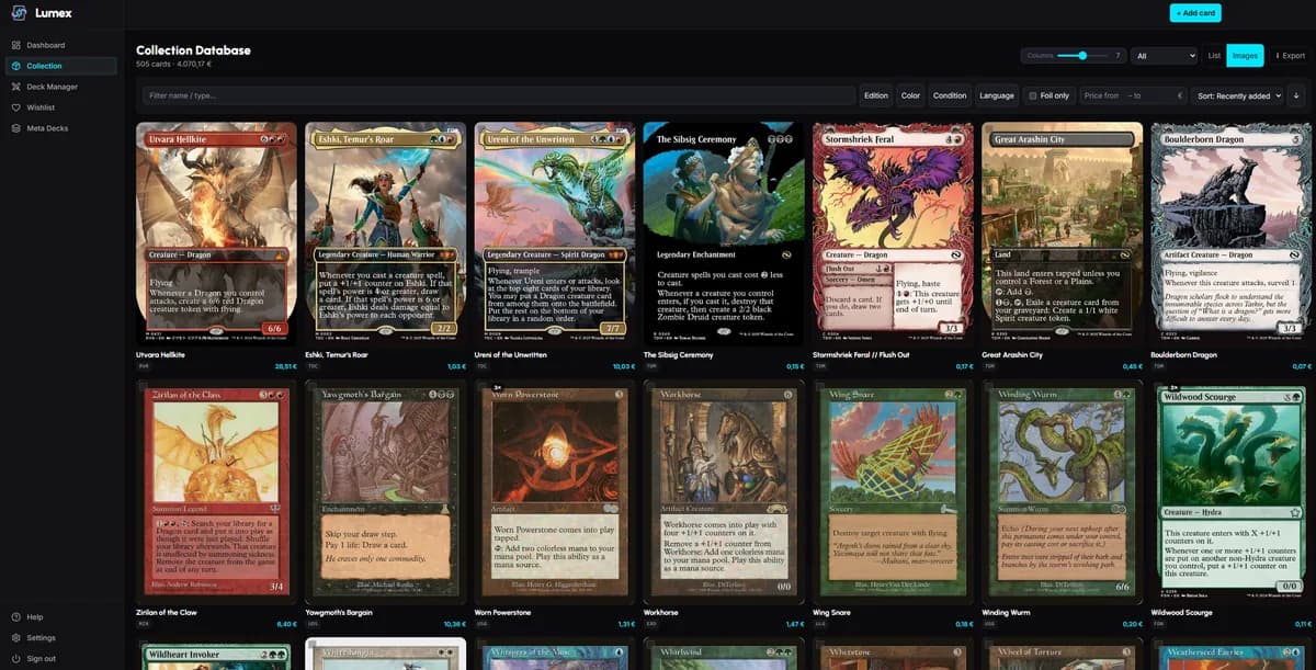 Lumex Web – collection grid with card images and Cardmarket price hints