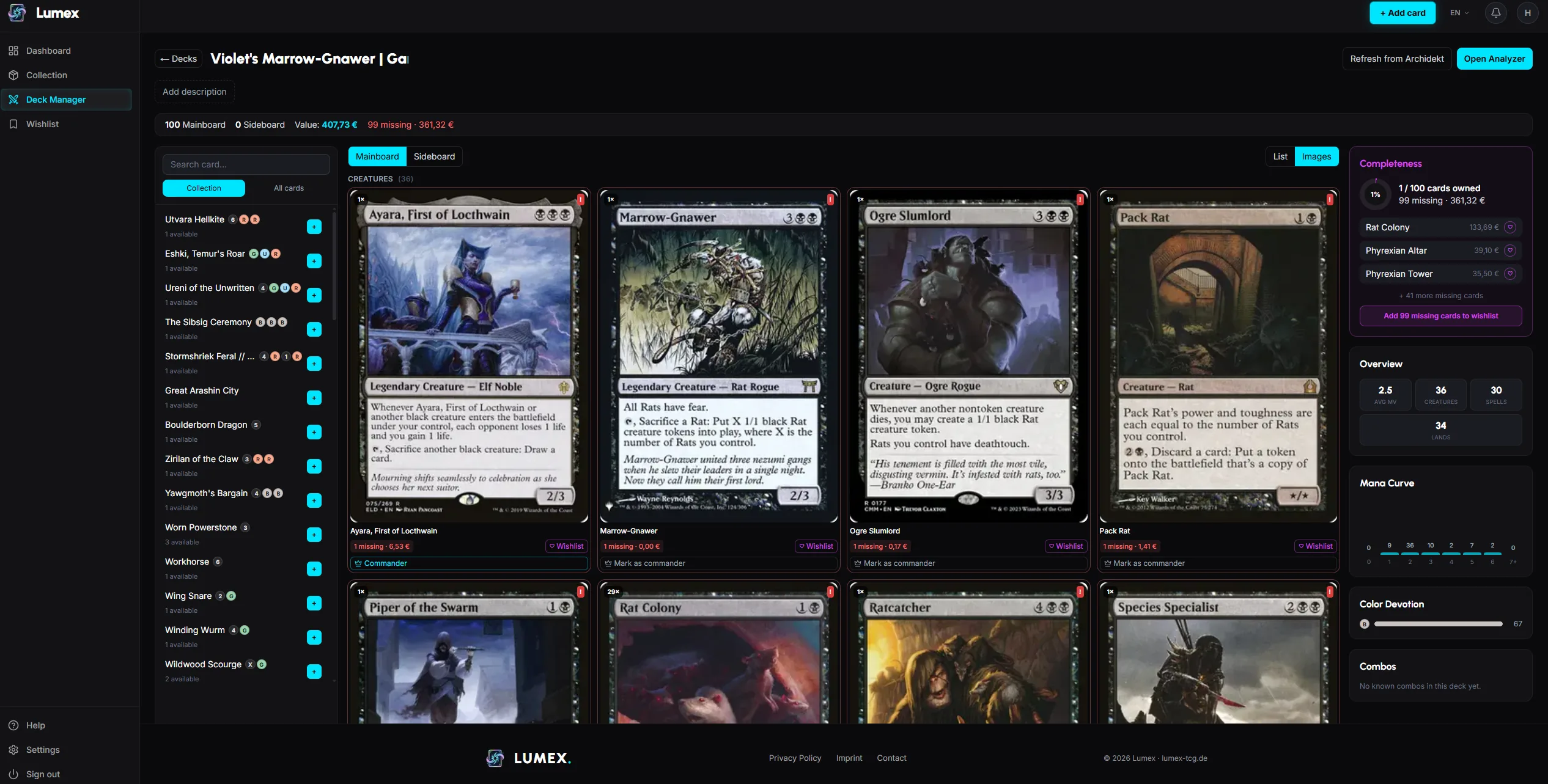 Lumex Web – deck manager with the Violet's Marrow-Gnawer deck, mana curve, and color devotion