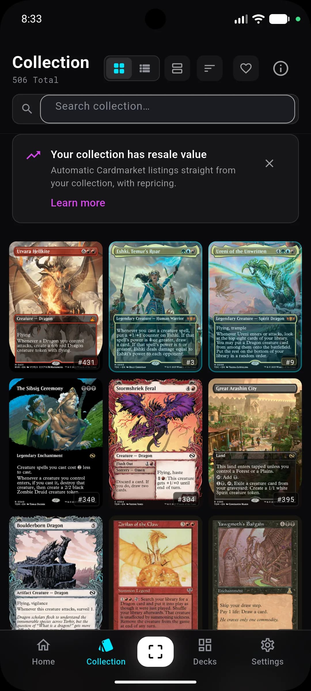 Lumex app – Collection tab in grid view with 506 cards and a Cardmarket resale value hint