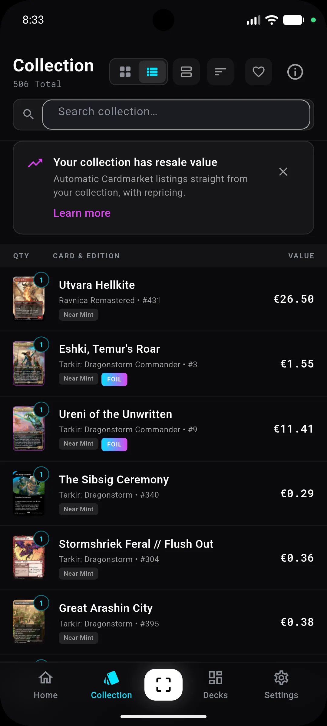 Lumex app – Collection tab in list view with QTY, Card & Edition, and Value columns