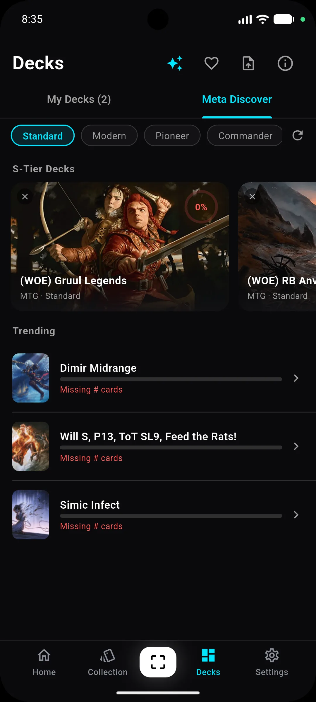 Lumex app – Decks tab, Meta Discover tab with an S-tier decks carousel and a trending list