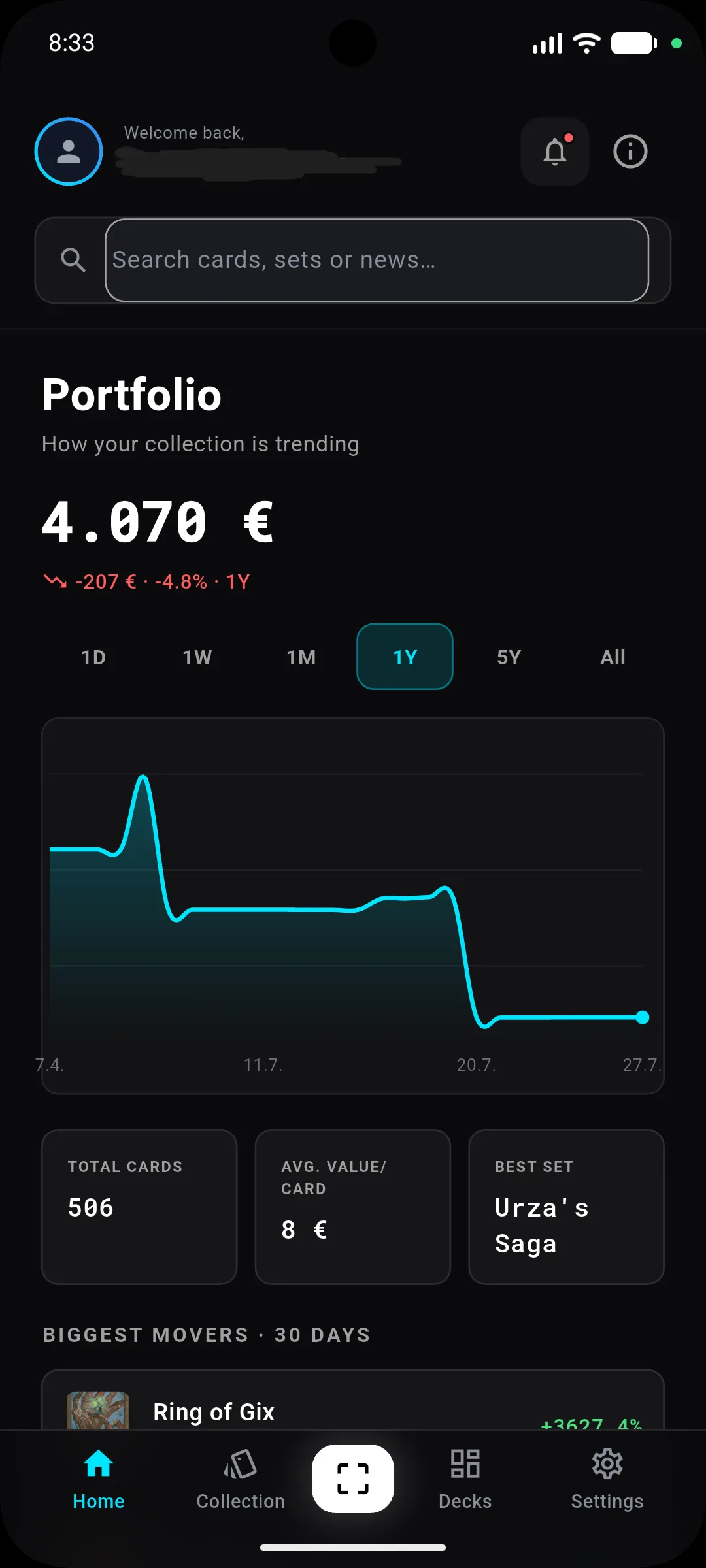 Lumex app – Home tab with a portfolio value of €4,070, a value history chart, total cards, and biggest movers